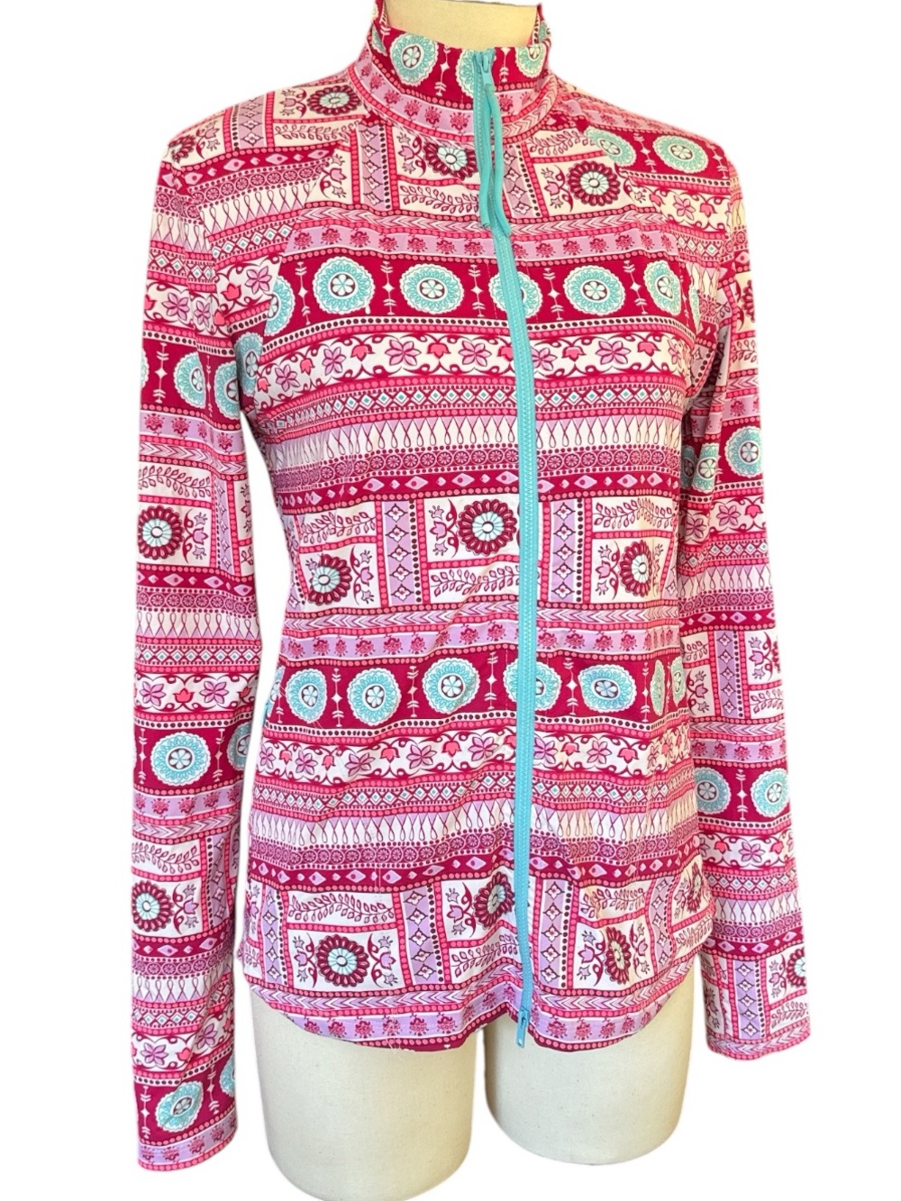 Carve Designs Lake Sun-shirt Jacket Pink Red Turquoise Patterned Swimwear Zip M